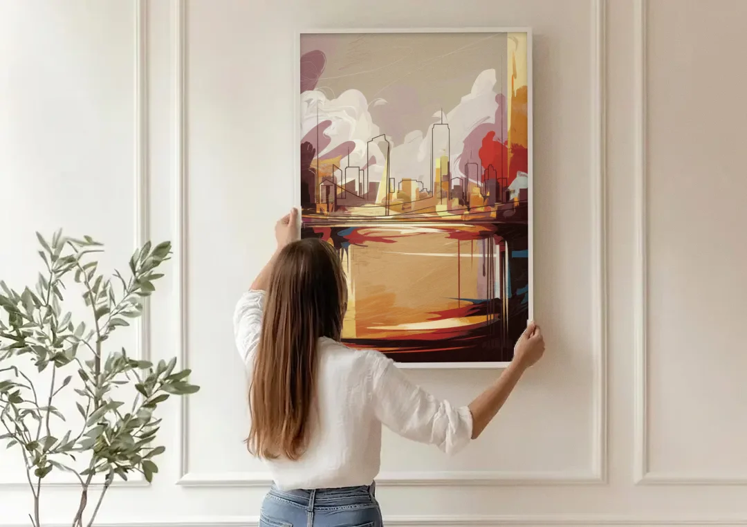 Fort Wayne Skyline Panorama canvas wall art being hung on a paneled wall