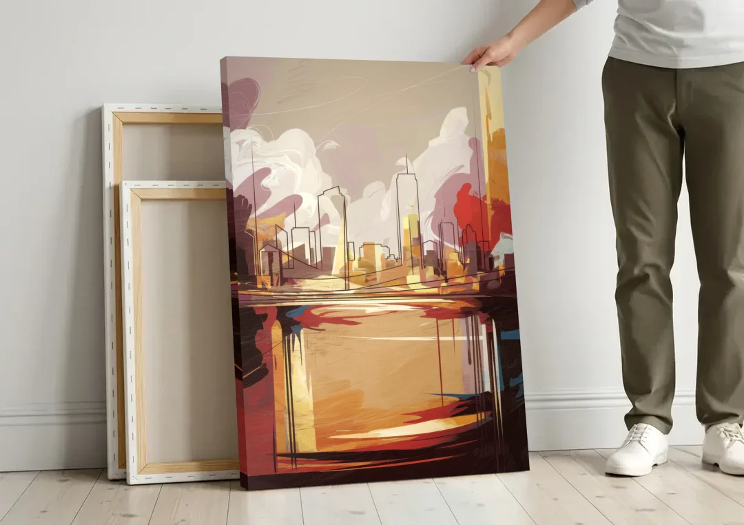 Fort Wayne Skyline Panorama canvas wall art leaning against a wall next to blank canvases