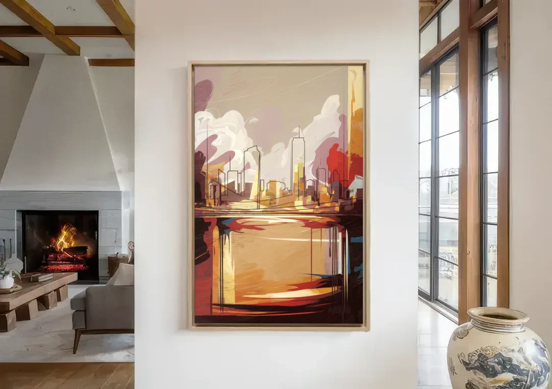 Fort Wayne Skyline Panorama canvas wall art in a living room with a fireplace