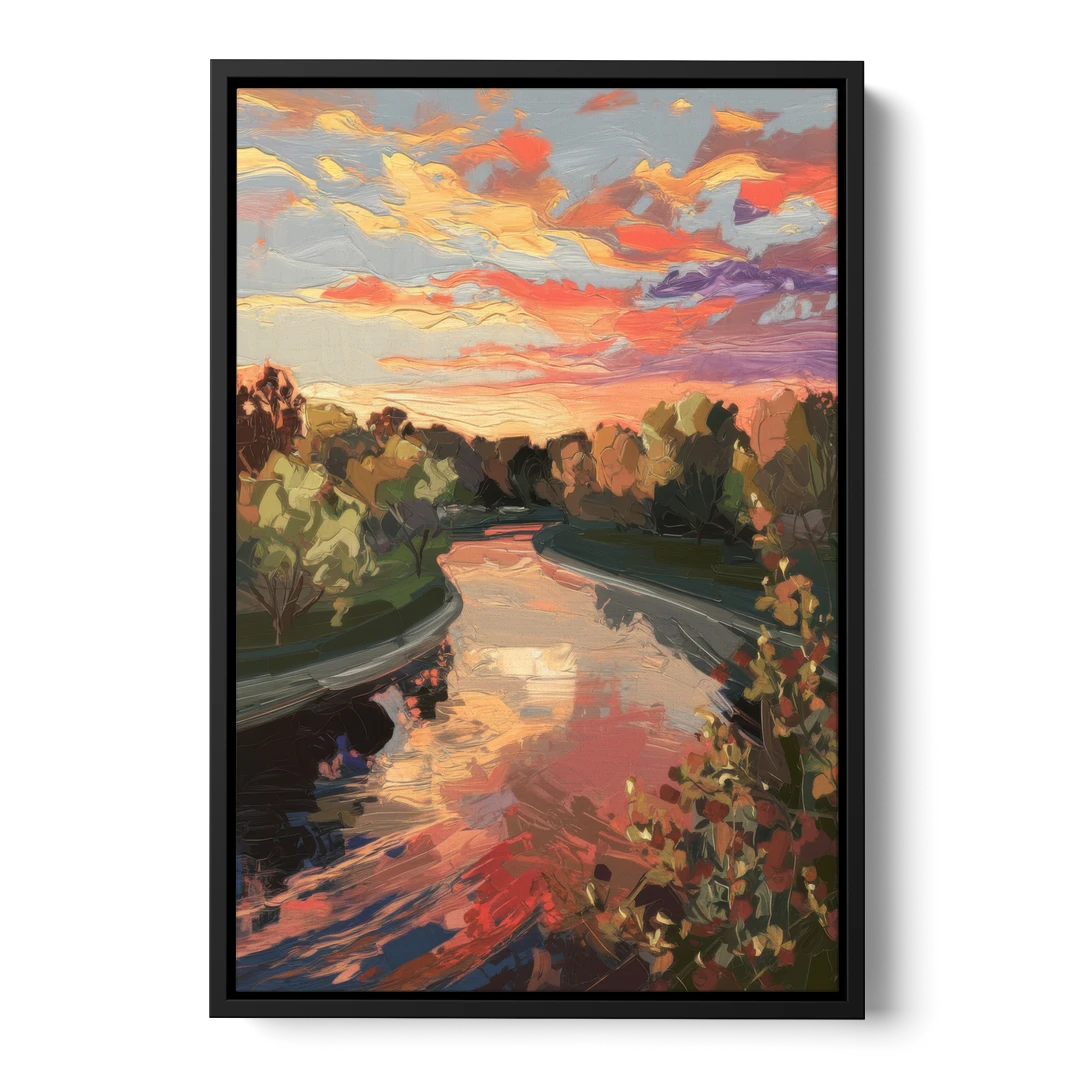 Fort Wayne Sunset Over River - Black Framed Canvas Wall Art - Front