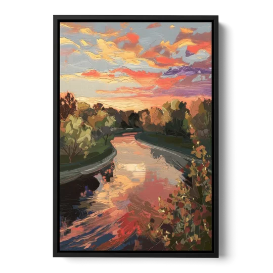 Fort Wayne Sunset Over River - Black Framed Canvas Wall Art - Front