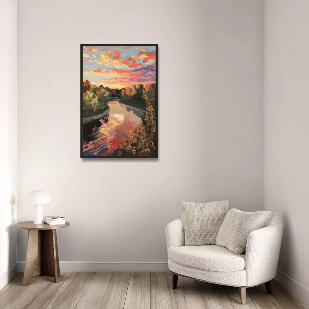 Fort Wayne Sunset Over River - Black Framed Canvas Wall Art - Sofa - 24x36