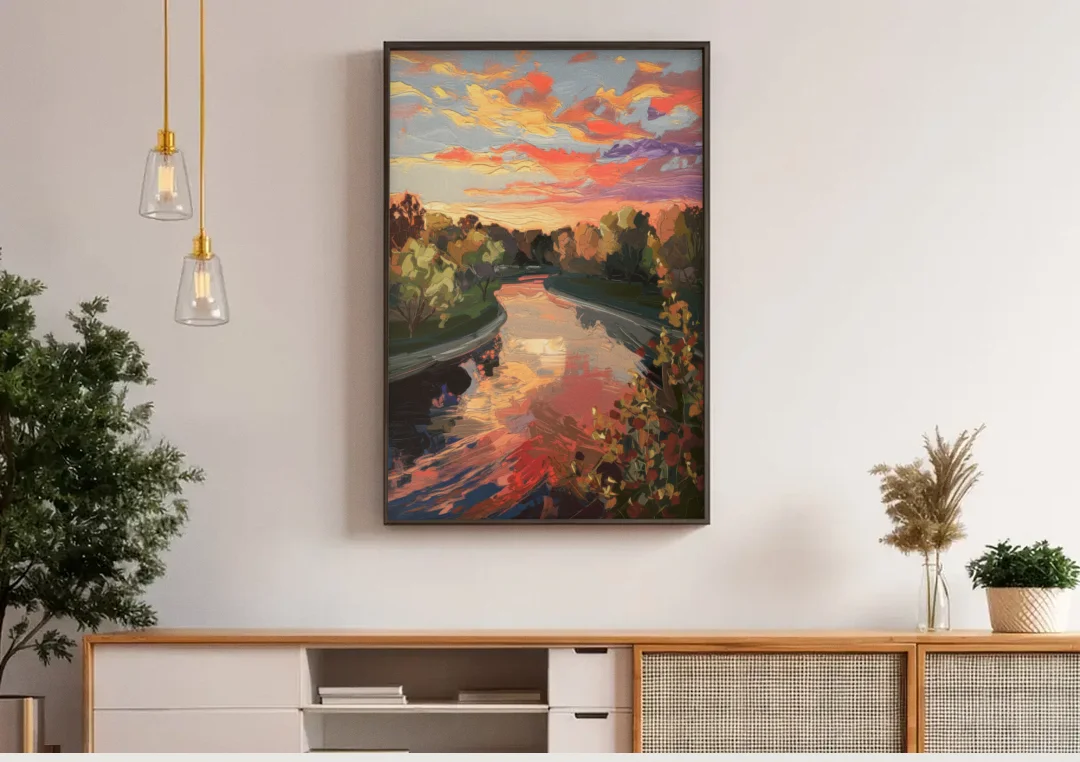 Fort Wayne Sunset Over River canvas wall art above a wooden sideboard under pendant lights