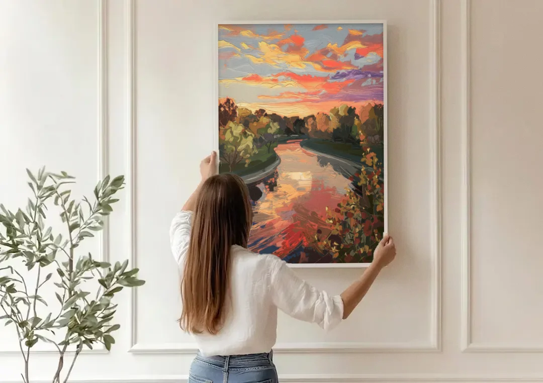 Fort Wayne Sunset Over River canvas wall art being hung on a paneled wall