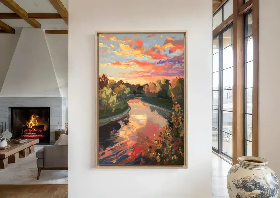 Fort Wayne Sunset Over River canvas wall art in a living room with a fireplace