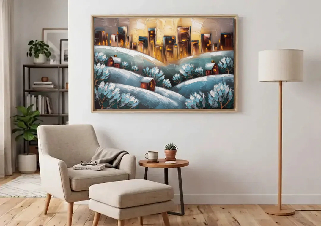 Fort Wayne Winter Wonderland canvas wall art above an armchair in a bright living room