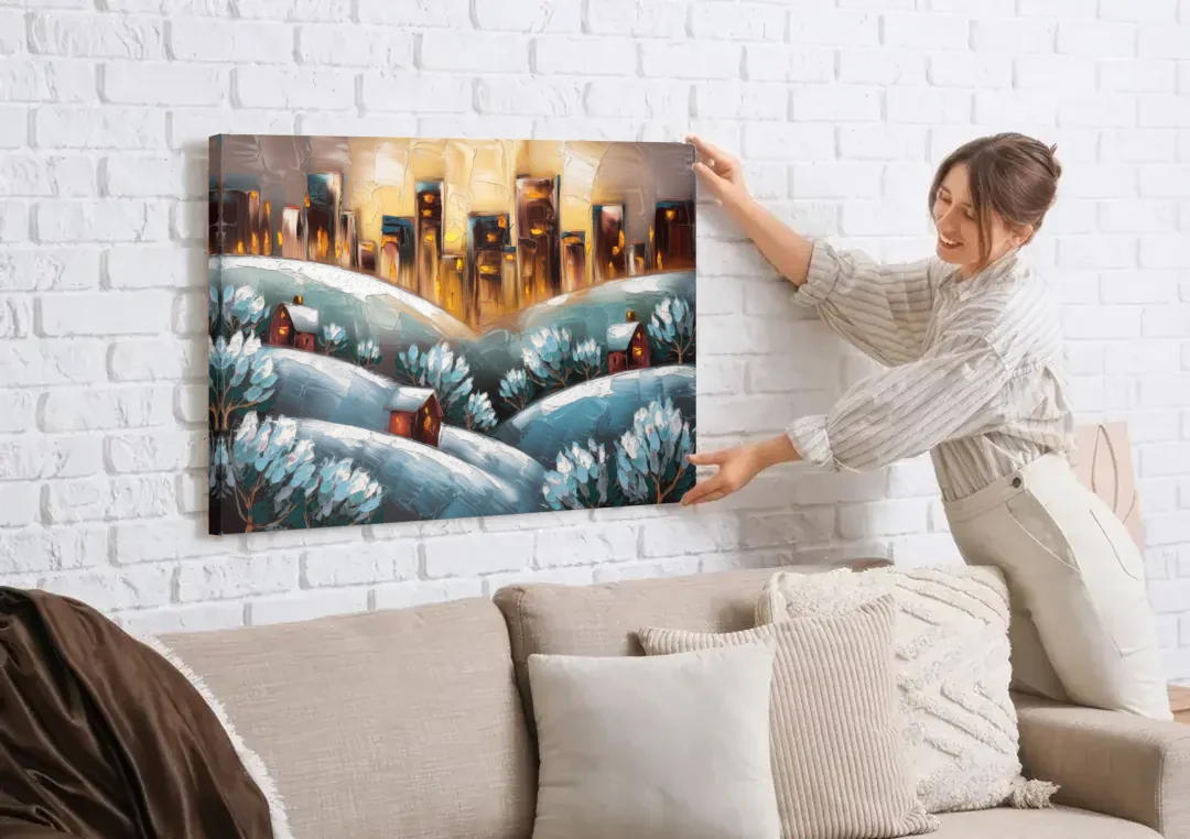 Fort Wayne Winter Wonderland canvas wall art being hung on a white brick wall above a sofa