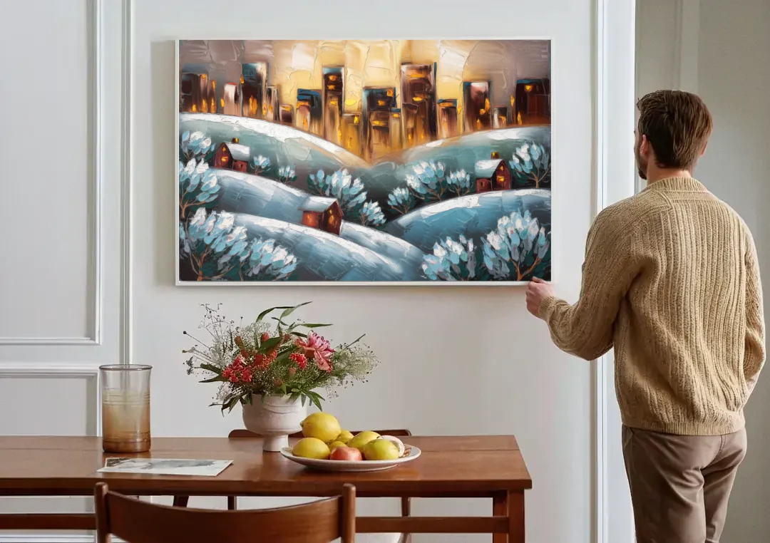 Fort Wayne Winter Wonderland canvas wall art above a dining table