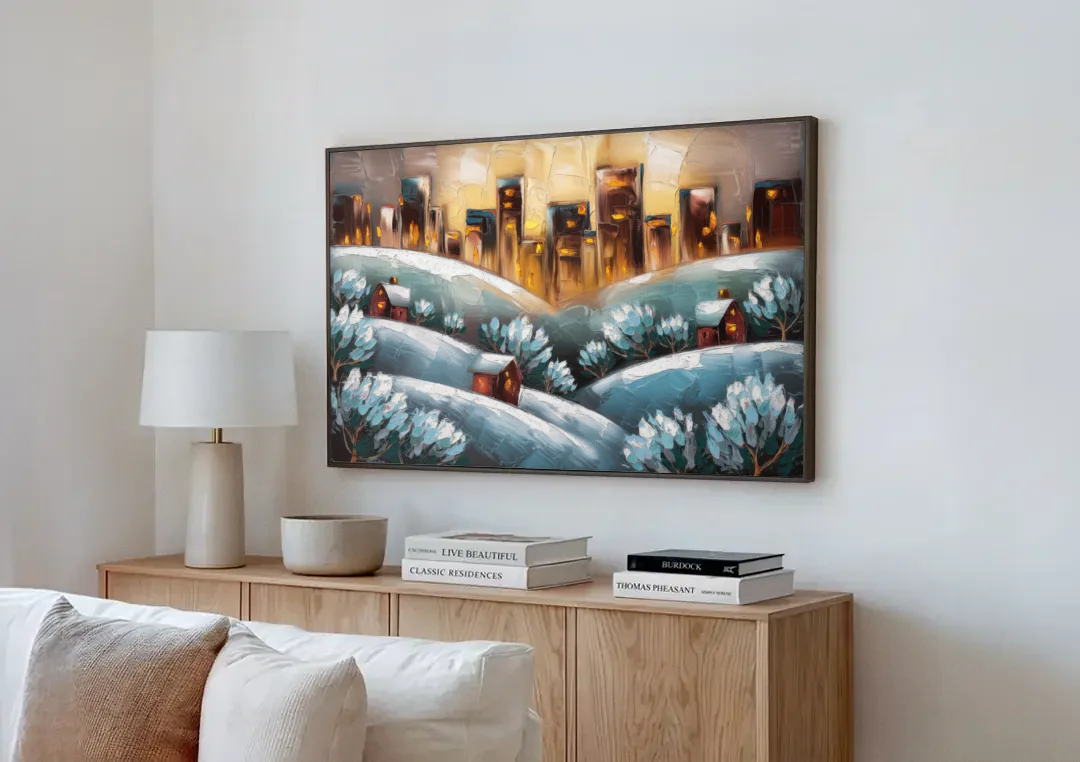 Fort Wayne Winter Wonderland canvas wall art above a wooden sideboard next to a sofa