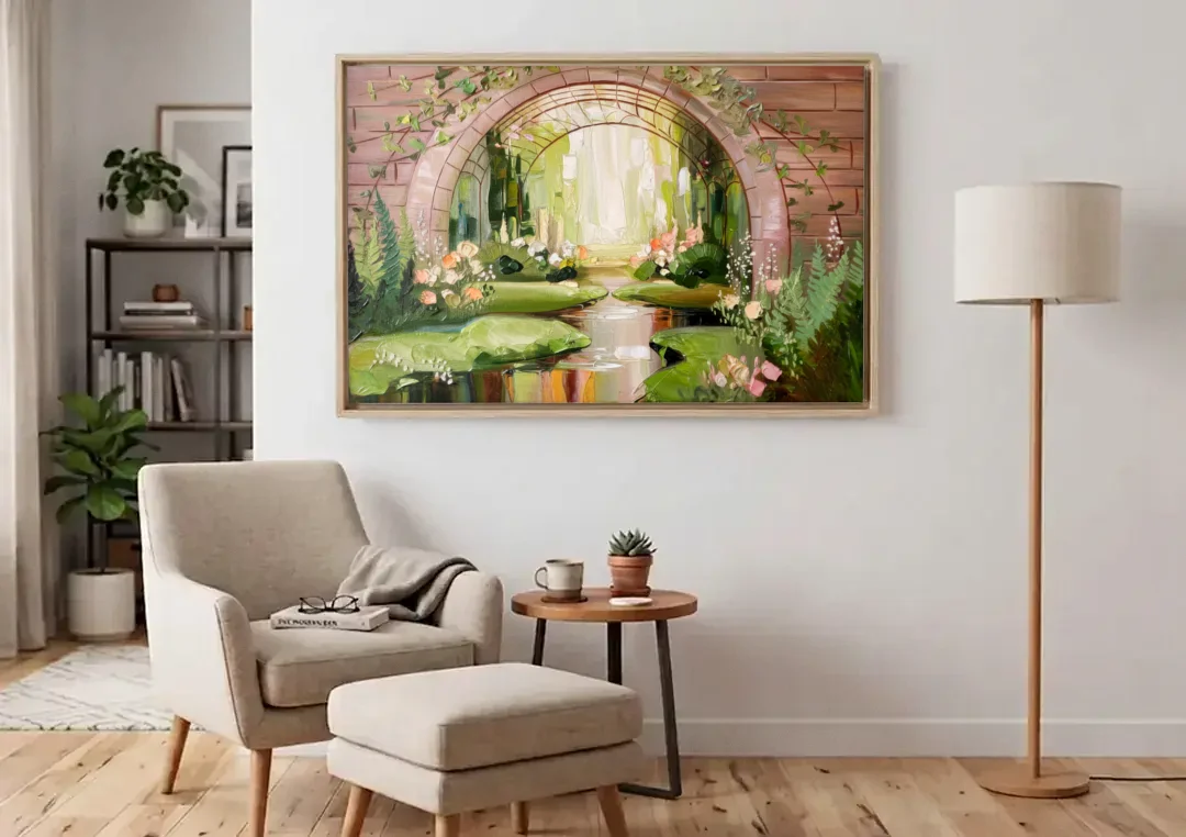 Fort Worth Botanical Gardens View canvas wall art above an armchair in a bright living room