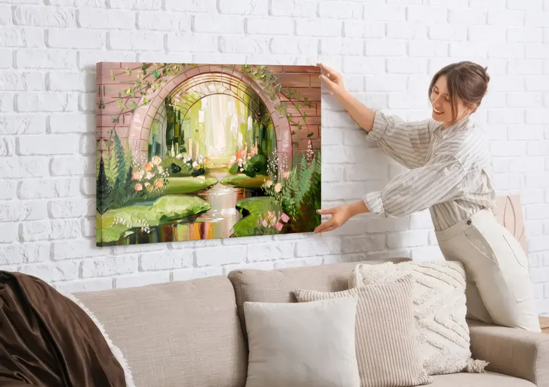 Fort Worth Botanical Gardens View canvas wall art being hung on a white brick wall above a sofa