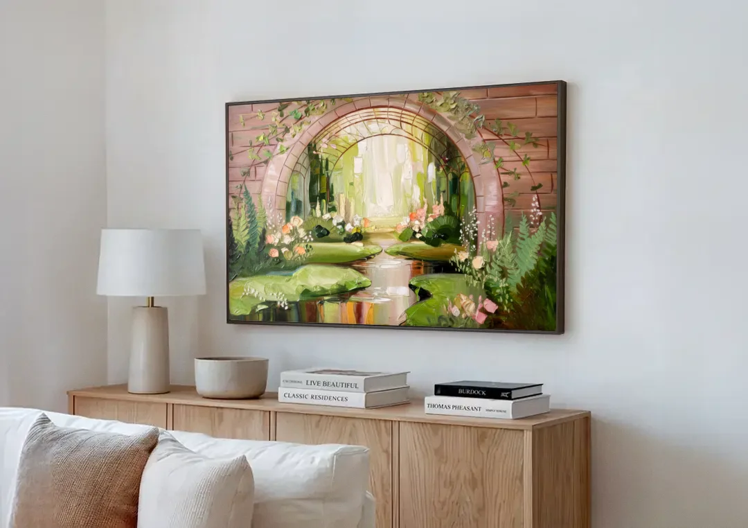Fort Worth Botanical Gardens View canvas wall art above a wooden sideboard next to a sofa