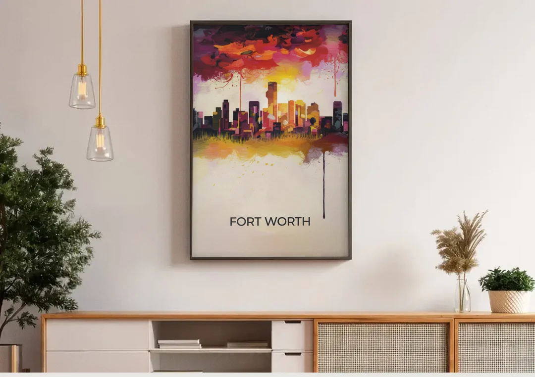 Fort Worth Cityscape at Sunset canvas wall art above a wooden sideboard under pendant lights