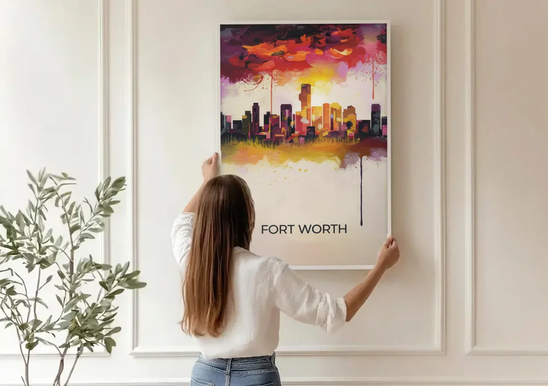 Fort Worth Cityscape at Sunset canvas wall art being hung on a paneled wall