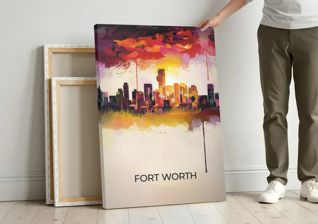 Fort Worth Cityscape at Sunset canvas wall art leaning against a wall next to blank canvases