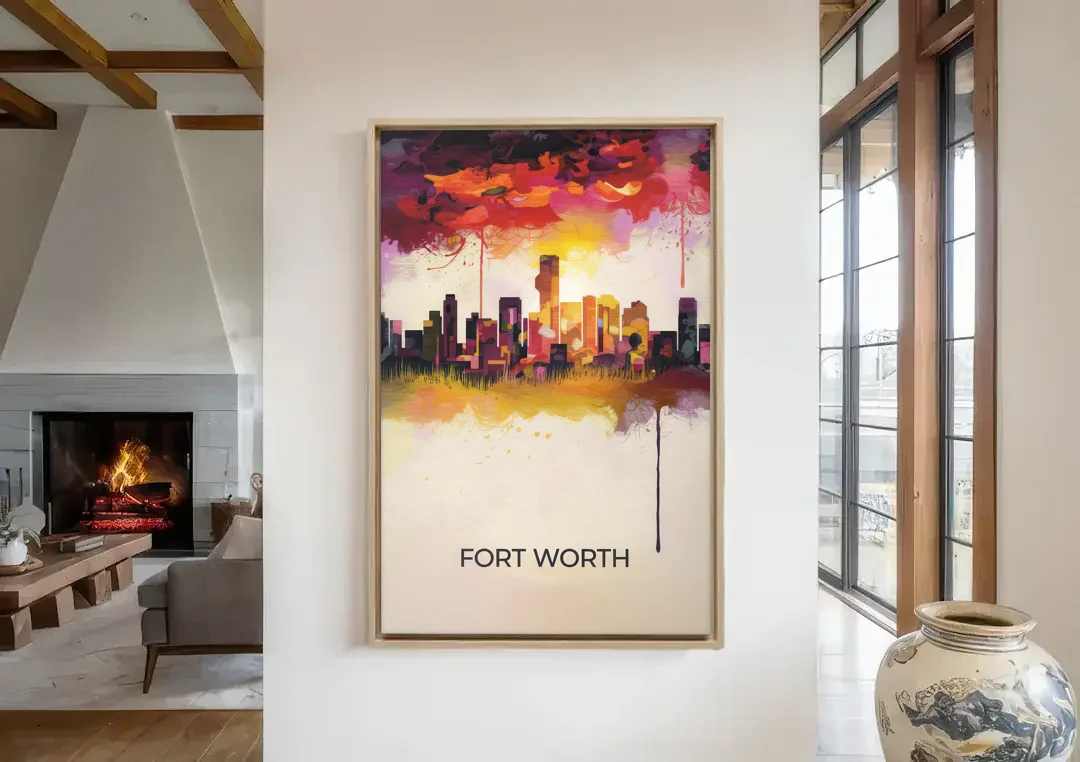 Fort Worth Cityscape at Sunset canvas wall art in a living room with a fireplace