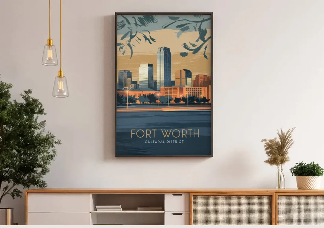Fort Worth Cultural District Vibes canvas wall art above a wooden sideboard under pendant lights