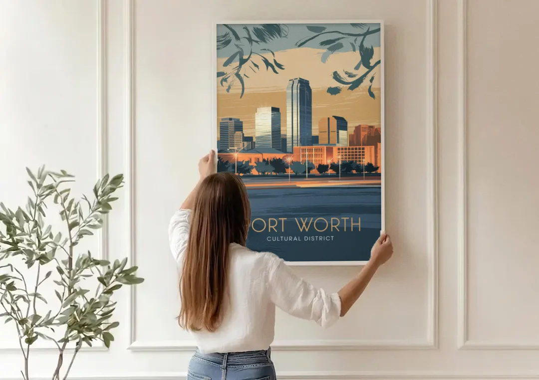 Fort Worth Cultural District Vibes canvas wall art being hung on a paneled wall