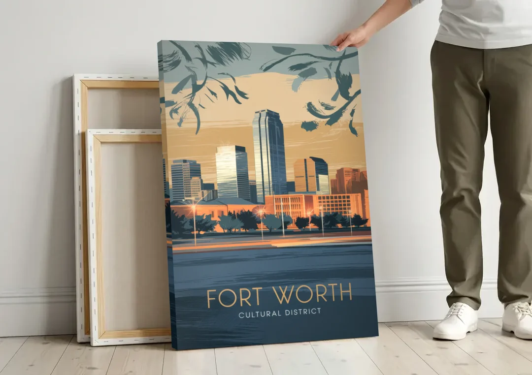 Fort Worth Cultural District Vibes canvas wall art leaning against a wall next to blank canvases