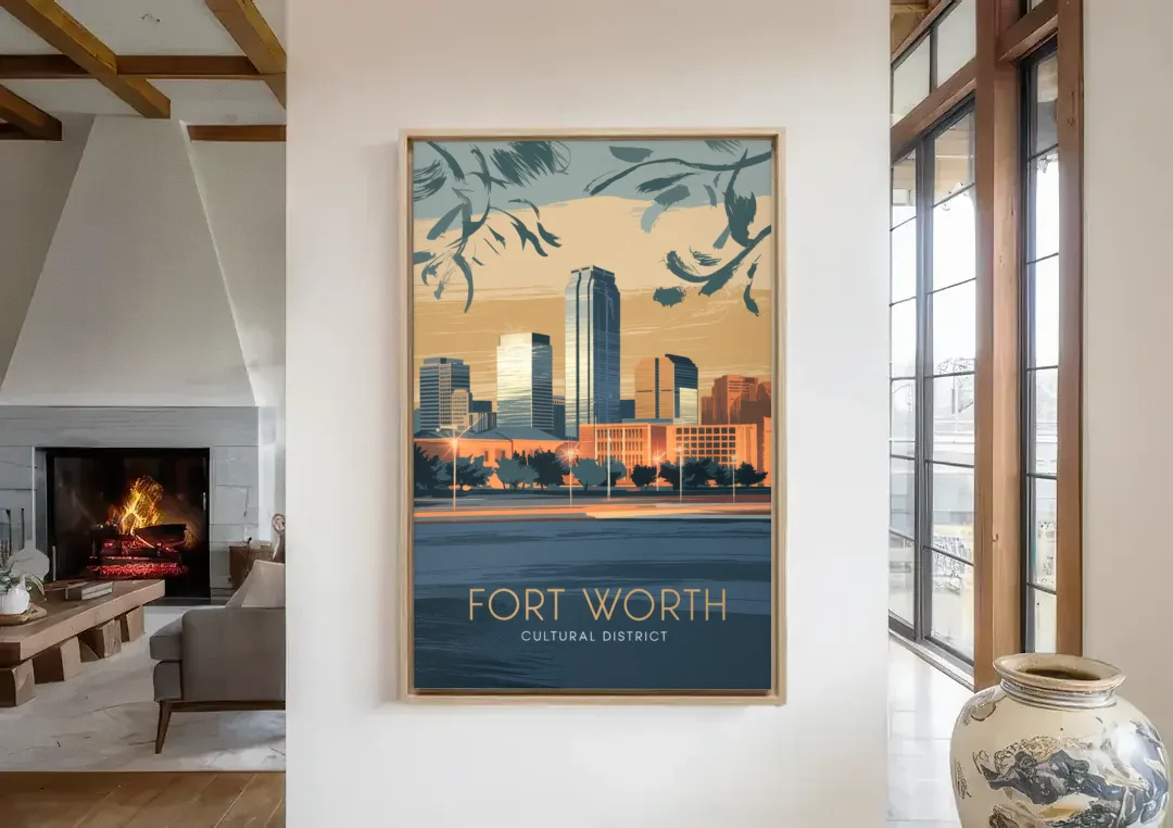 Fort Worth Cultural District Vibes canvas wall art in a living room with a fireplace
