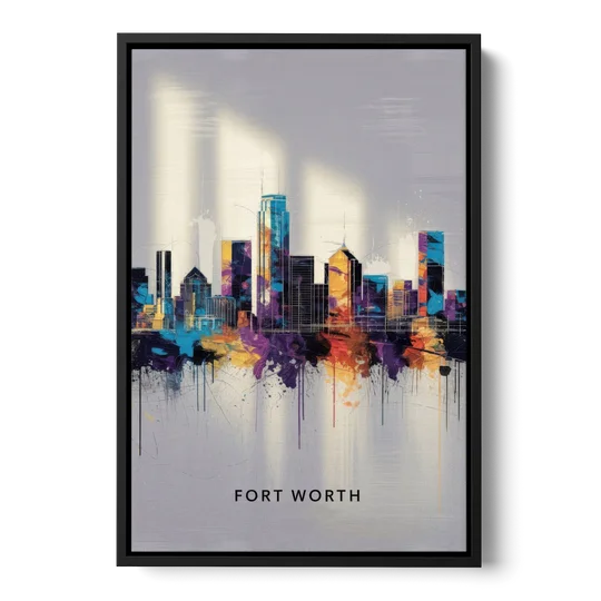 Fort Worth Downtown Skyline - Black Framed Canvas Wall Art - Front