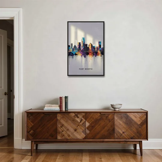 Fort Worth Downtown Skyline - Black Framed Canvas Wall Art - Coffee Table - 24x36