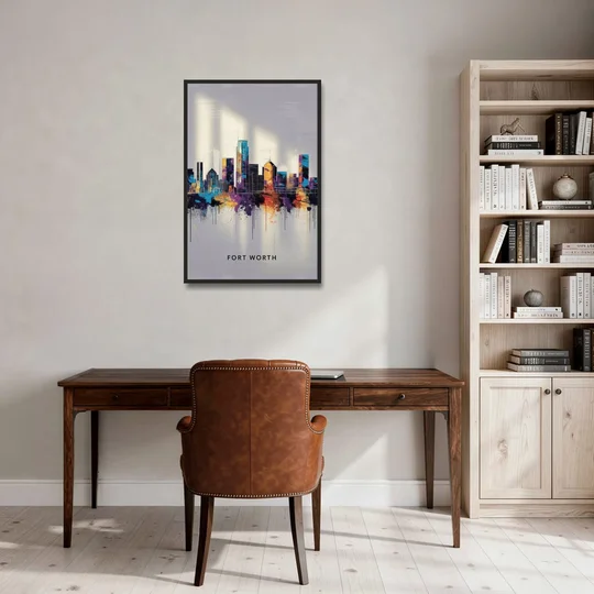 Fort Worth Downtown Skyline - Black Framed Canvas Wall Art - Office - 24x36