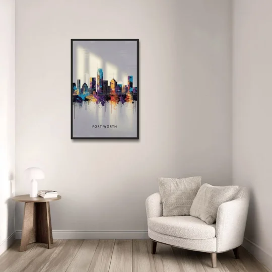 Fort Worth Downtown Skyline - Black Framed Canvas Wall Art - Sofa - 24x36