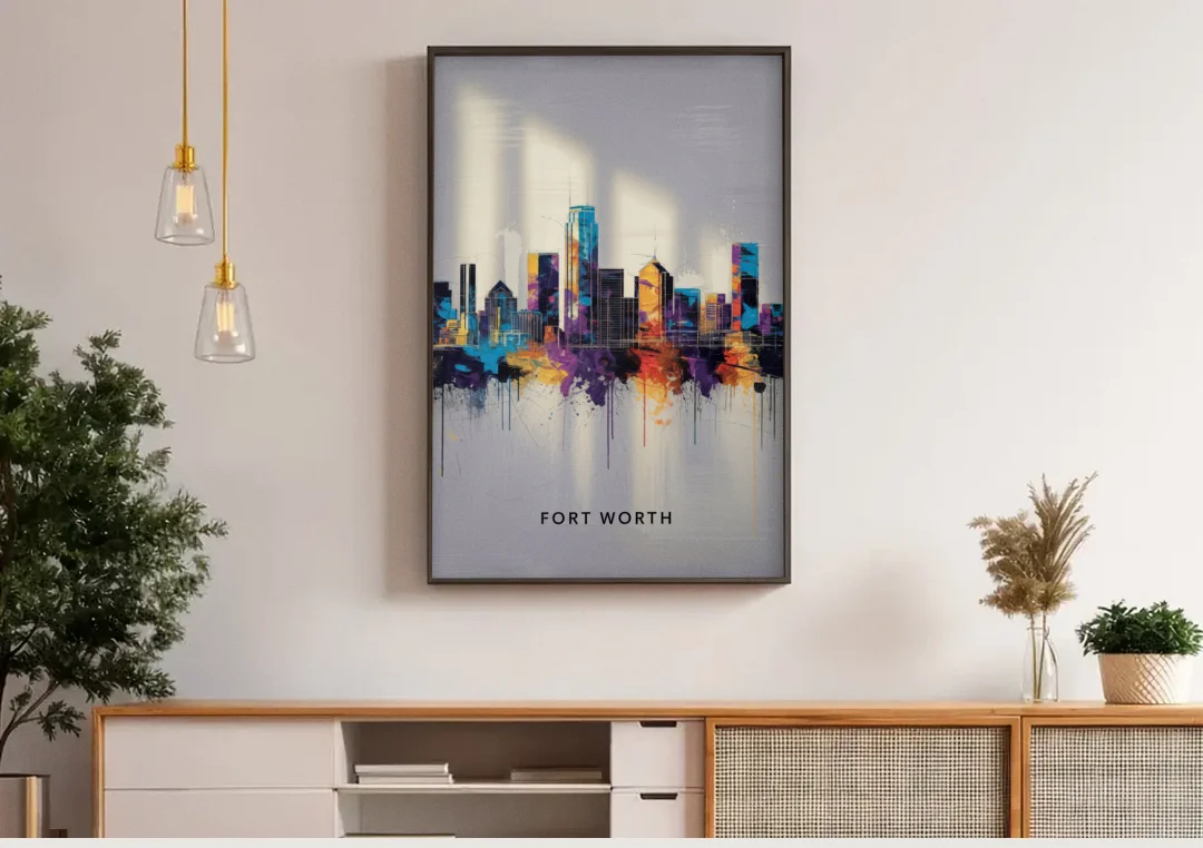 Fort Worth Downtown Skyline canvas wall art above a wooden sideboard under pendant lights