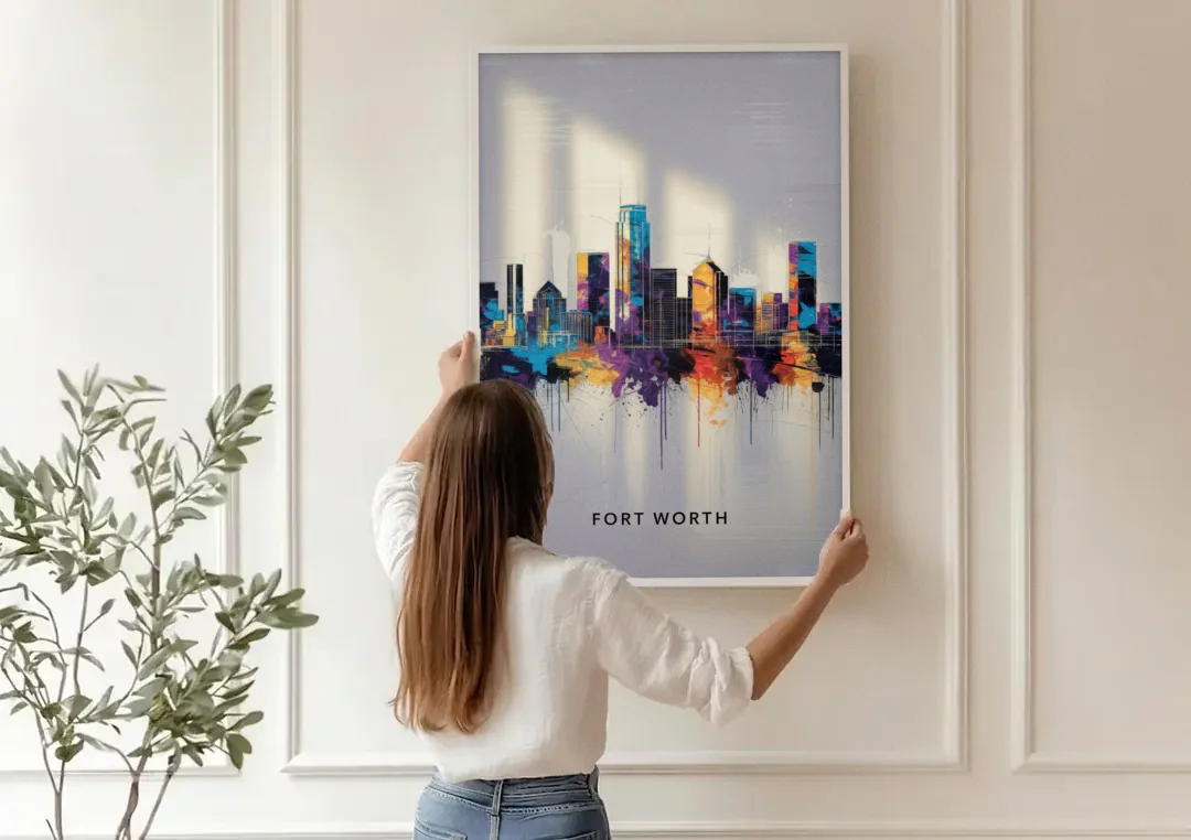 Fort Worth Downtown Skyline canvas wall art being hung on a paneled wall