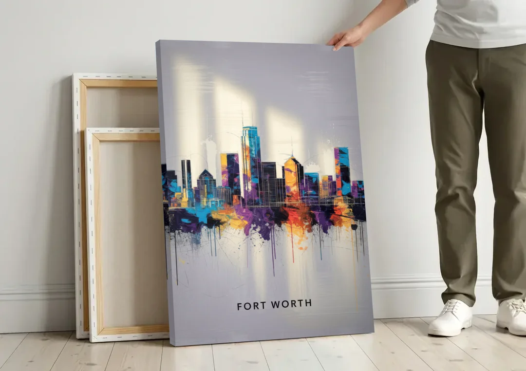 Fort Worth Downtown Skyline canvas wall art leaning against a wall next to blank canvases