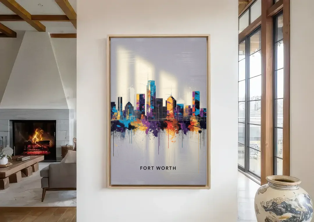 Fort Worth Downtown Skyline canvas wall art in a living room with a fireplace
