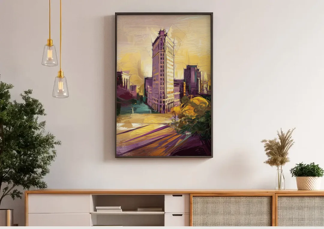 Fort Worth Historic Architecture canvas wall art above a wooden sideboard under pendant lights