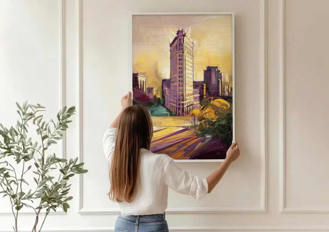 Fort Worth Historic Architecture canvas wall art being hung on a paneled wall