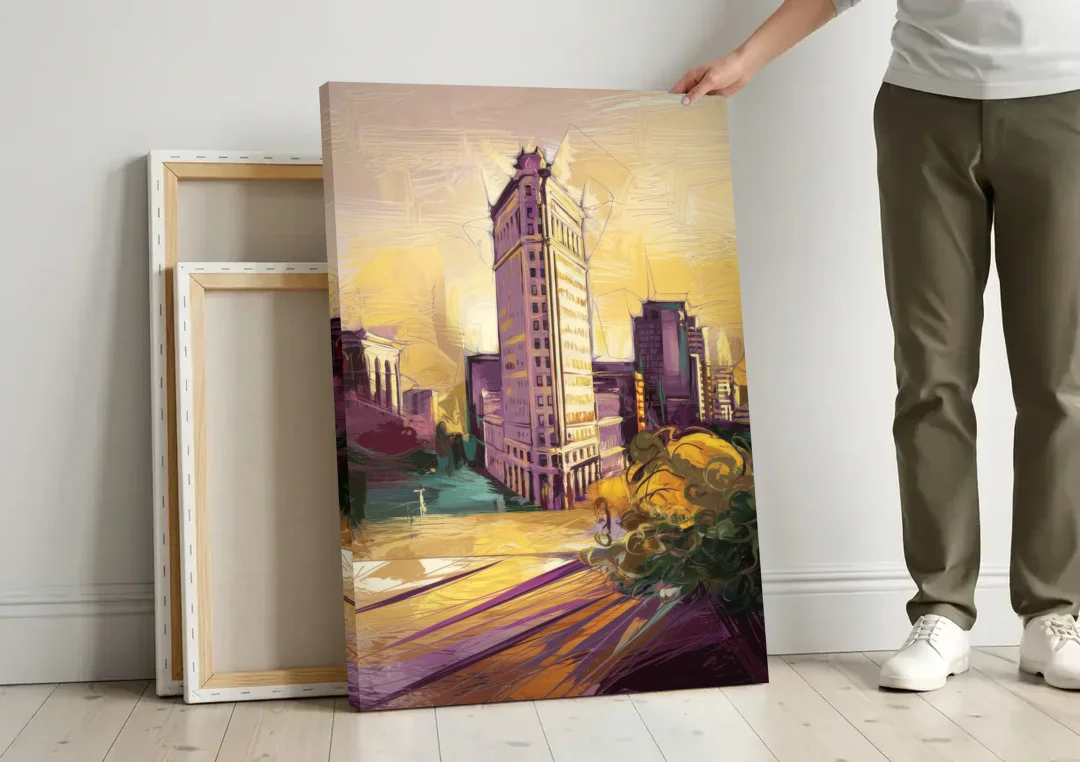 Fort Worth Historic Architecture canvas wall art leaning against a wall next to blank canvases