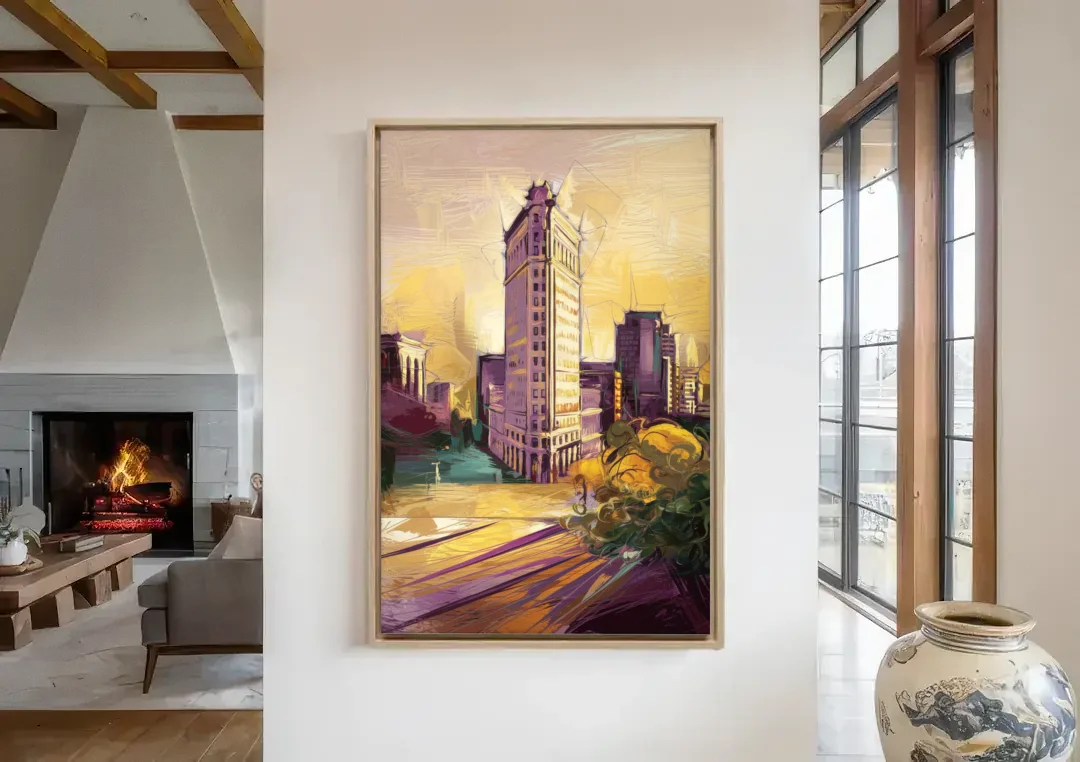 Fort Worth Historic Architecture canvas wall art in a living room with a fireplace