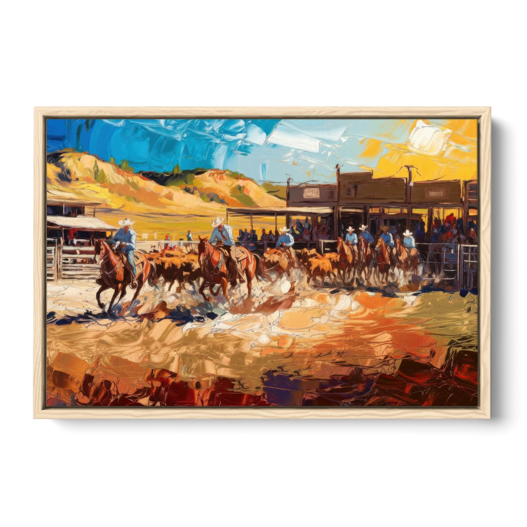 Fort Worth Rodeo And Cowboy Spirit - Oak Framed Canvas Wall Art - Front