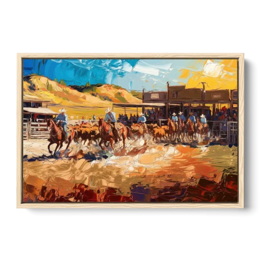 Fort Worth Rodeo And Cowboy Spirit - Oak Framed Canvas Wall Art - Front