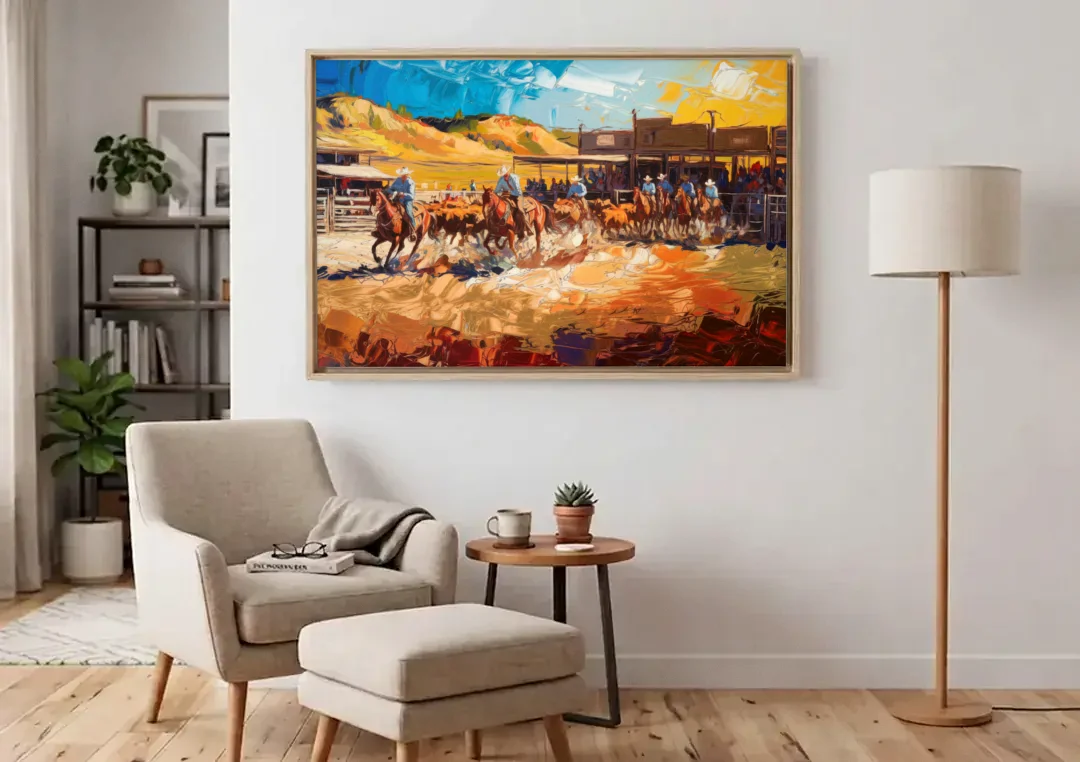 Fort Worth Rodeo And Cowboy Spirit canvas wall art above an armchair in a bright living room