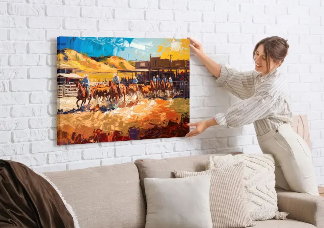 Fort Worth Rodeo And Cowboy Spirit canvas wall art being hung on a white brick wall above a sofa