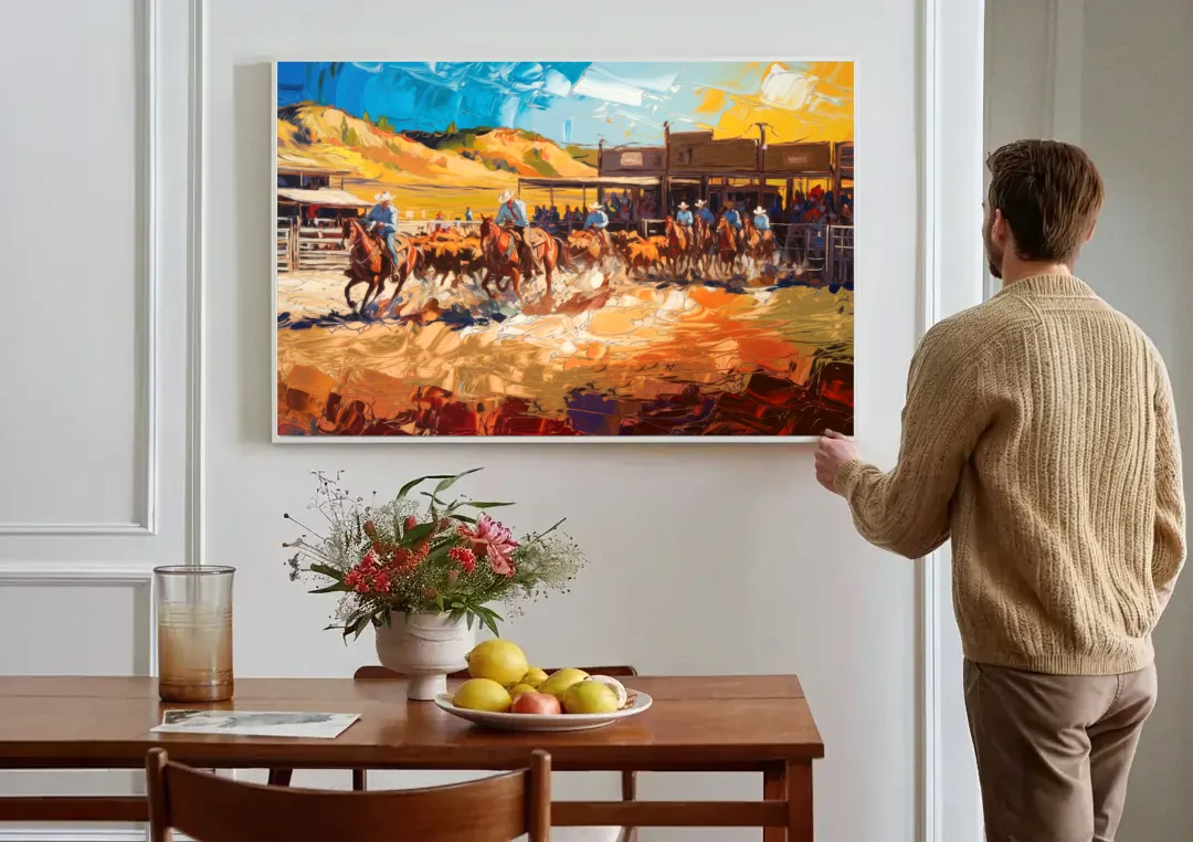 Fort Worth Rodeo And Cowboy Spirit canvas wall art above a dining table