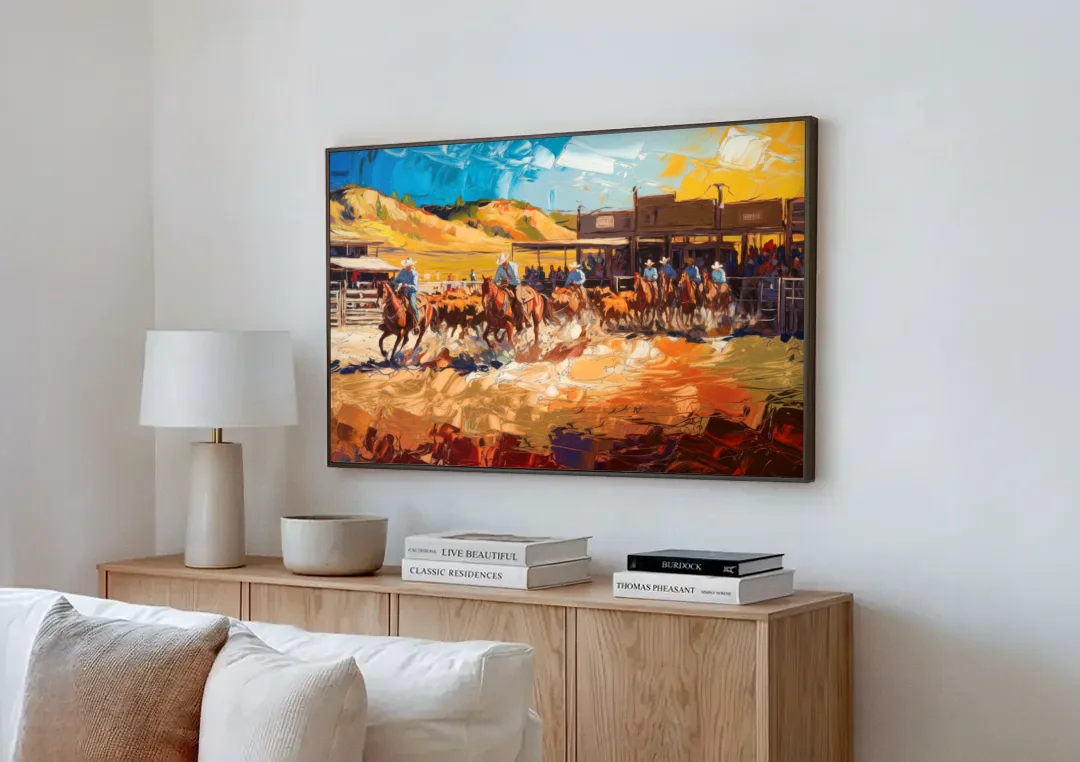 Fort Worth Rodeo And Cowboy Spirit canvas wall art above a wooden sideboard next to a sofa