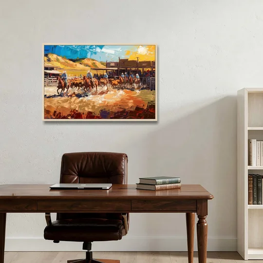Fort Worth Rodeo And Cowboy Spirit - Oak Framed Canvas Wall Art - Office - 36x24