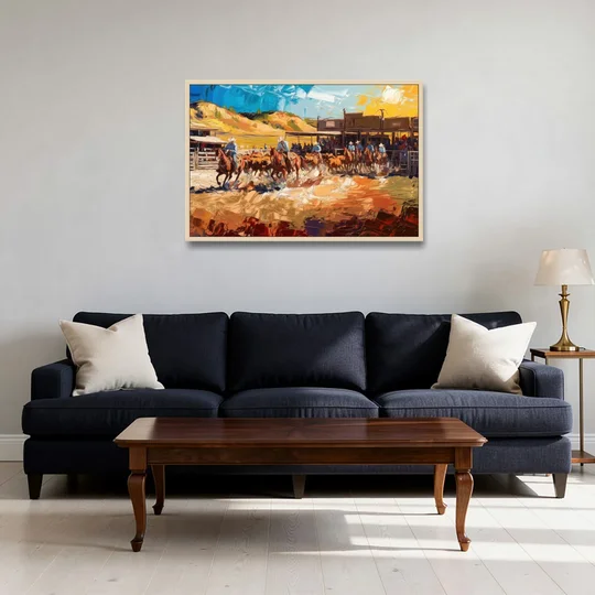 Fort Worth Rodeo And Cowboy Spirit - Oak Framed Canvas Wall Art - Sofa - 36x24