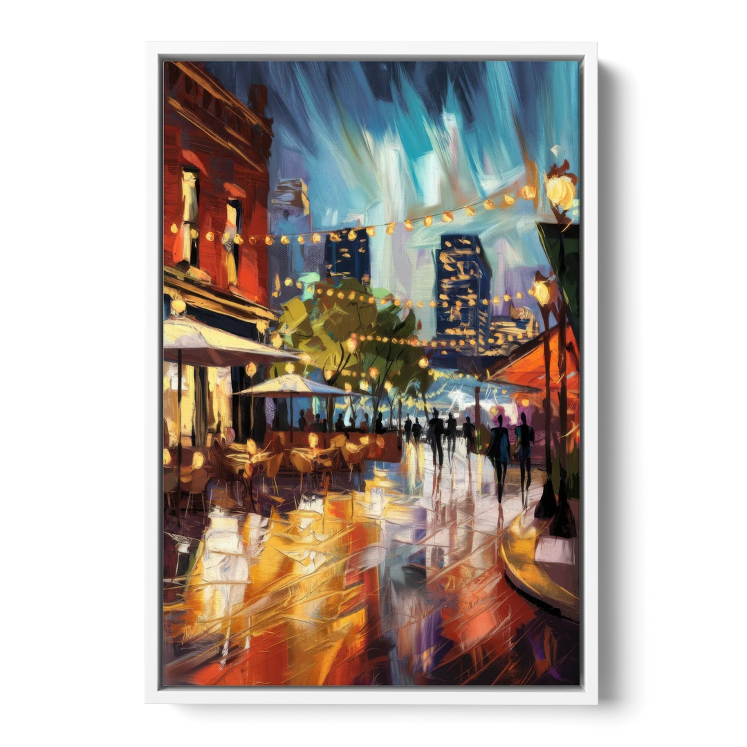 Fort Worth Sundance Square Lights - White Framed Canvas Wall Art - Front