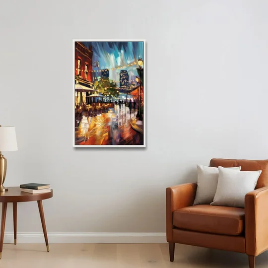 Fort Worth Sundance Square Lights - White Framed Canvas Wall Art - Sofa - 24x36