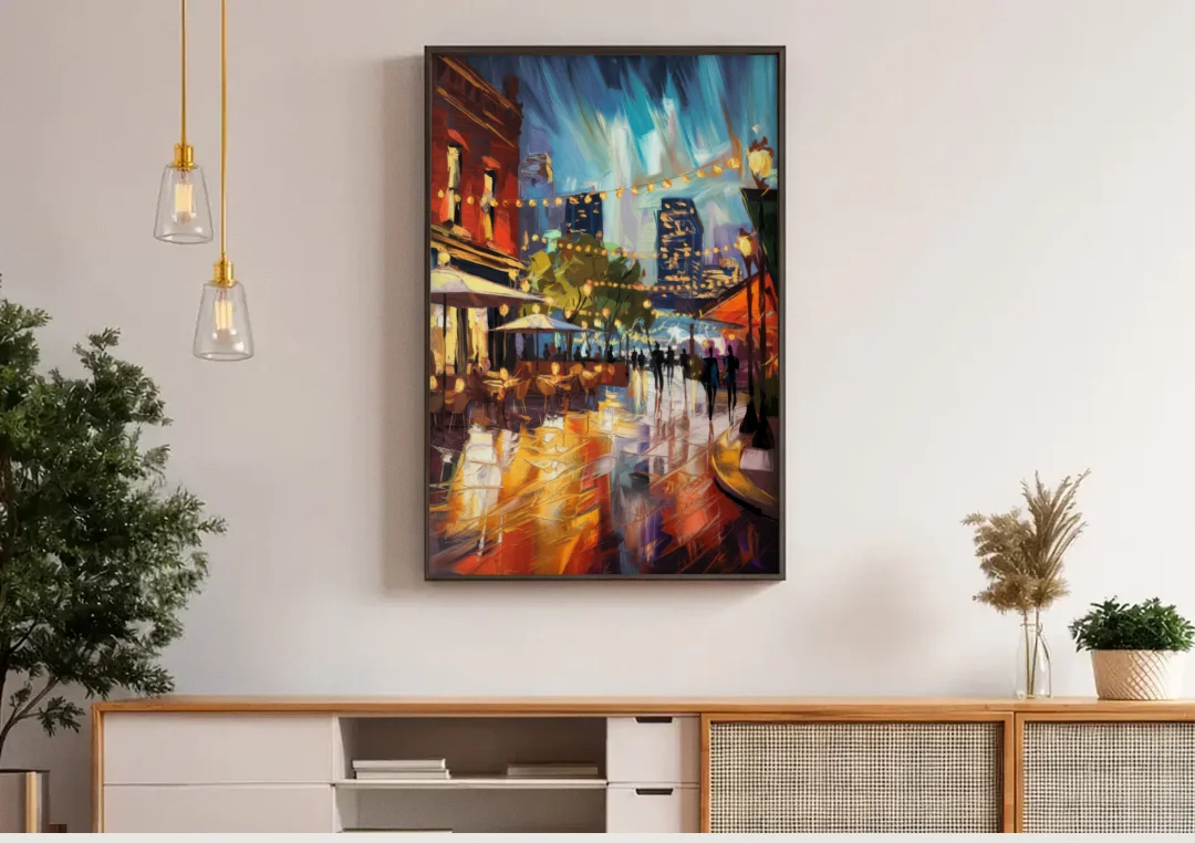 Fort Worth Sundance Square Lights canvas wall art above a wooden sideboard under pendant lights