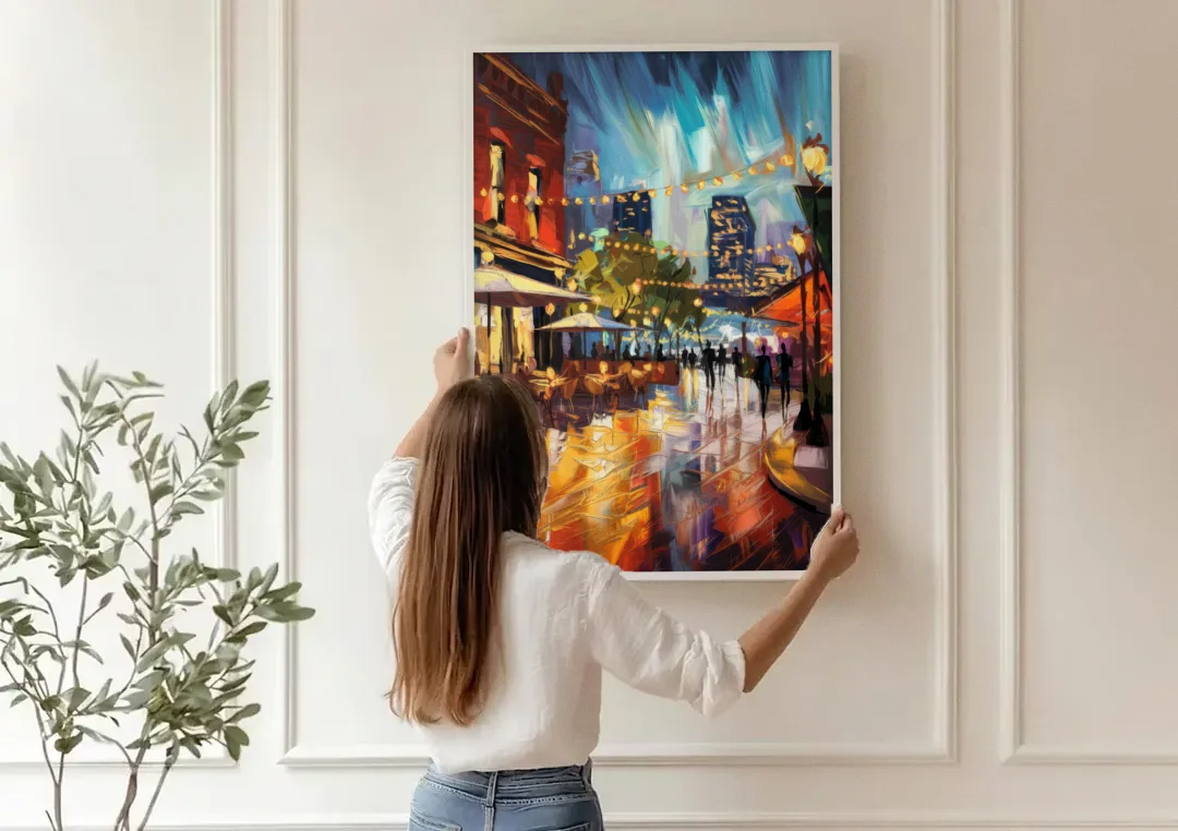 Fort Worth Sundance Square Lights canvas wall art being hung on a paneled wall