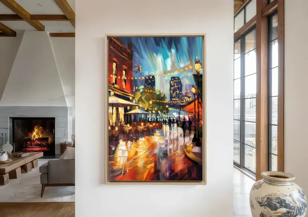 Fort Worth Sundance Square Lights canvas wall art in a living room with a fireplace