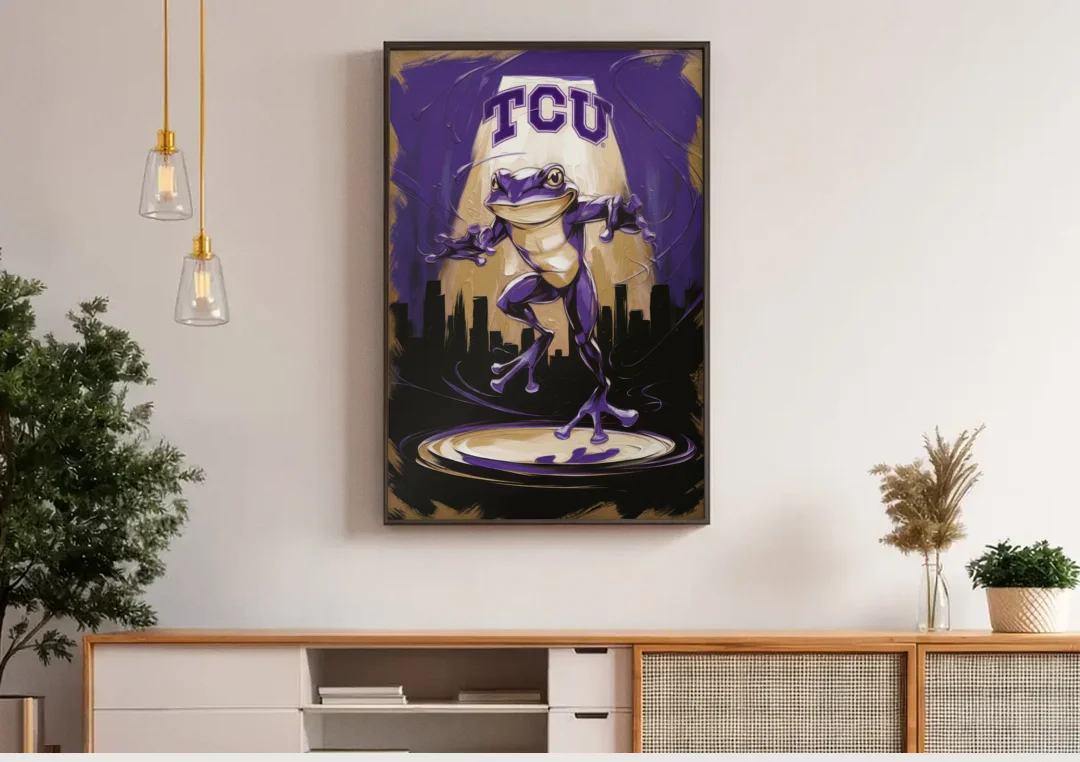 Fort Worth TCU Horned Frogs Pride canvas wall art above a wooden sideboard under pendant lights
